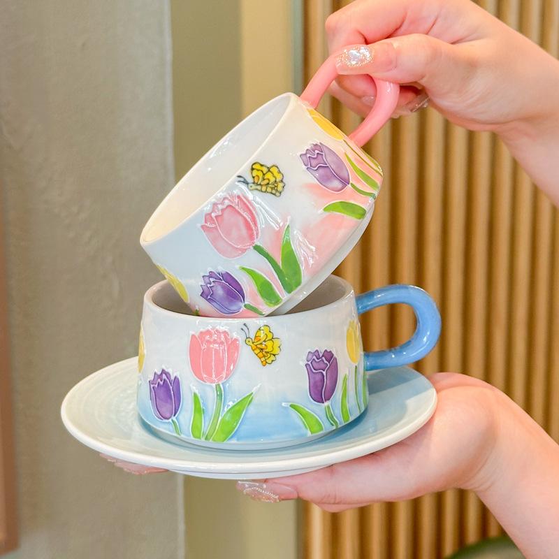 Hand-painted tulip exquisite coffee cup niche high-end ceramic cup and saucer set afternoon teacup souvenir gift