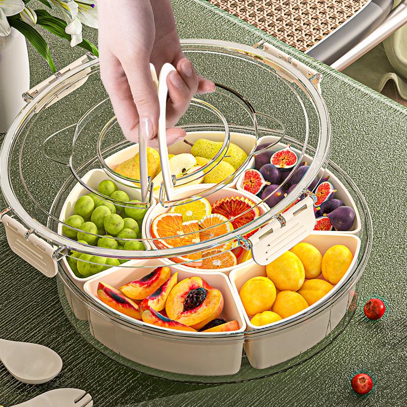Six-Compartment Rotating Fruit Plate with Handle, Moisture-Proof Lid, Dried Fruit & Spice Box, Round Snack Container