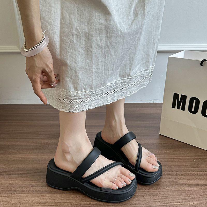 Fashion versatile casual height increase small muffin high heel cool slippers 2025 new thick-soled slippers women's summer outer wear