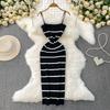 European and American Sexy Backless Sling Dress Women Summer New Elastic Striped Knitted Tight Slimming Sheath Long Dress