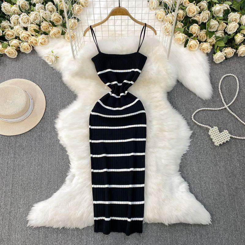 European and American Sexy Backless Sling Dress Women Summer New Elastic Striped Knitted Tight Slimming Sheath Long dress