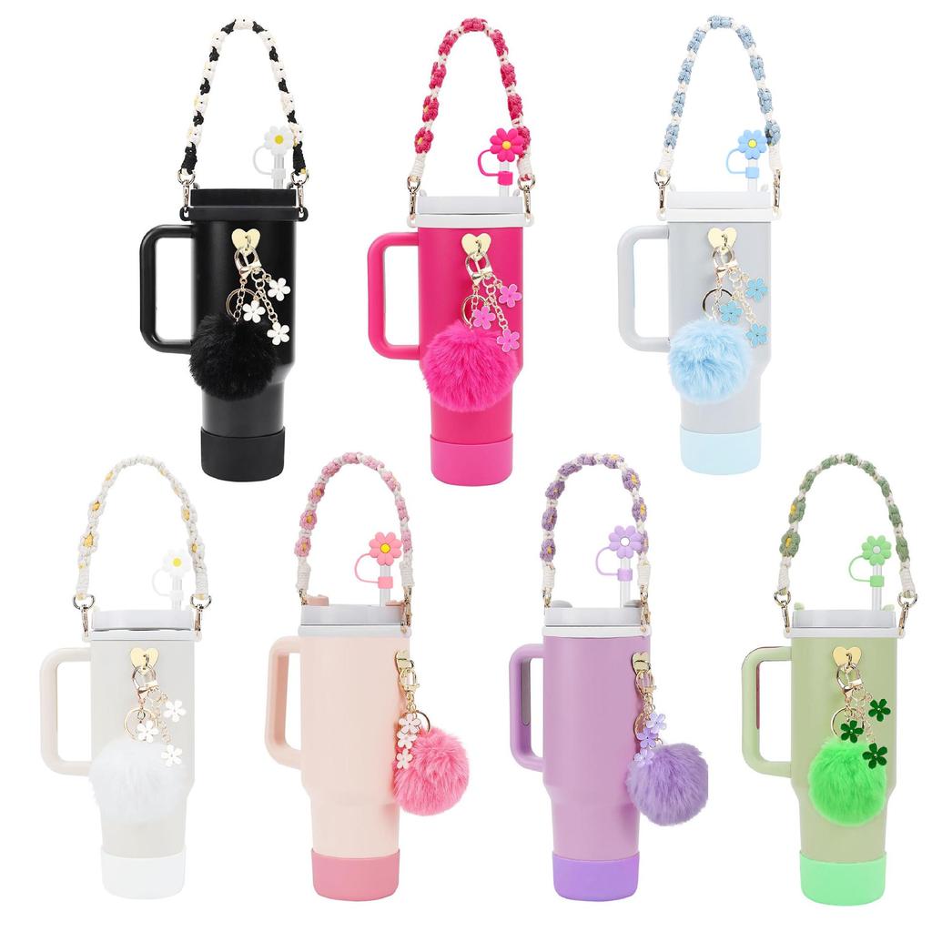 Stanley Water Bottle Accessory Set: Floral Straw Cap with Hand-Woven Rope & Silicone Sleeve for IceFlow Cup
