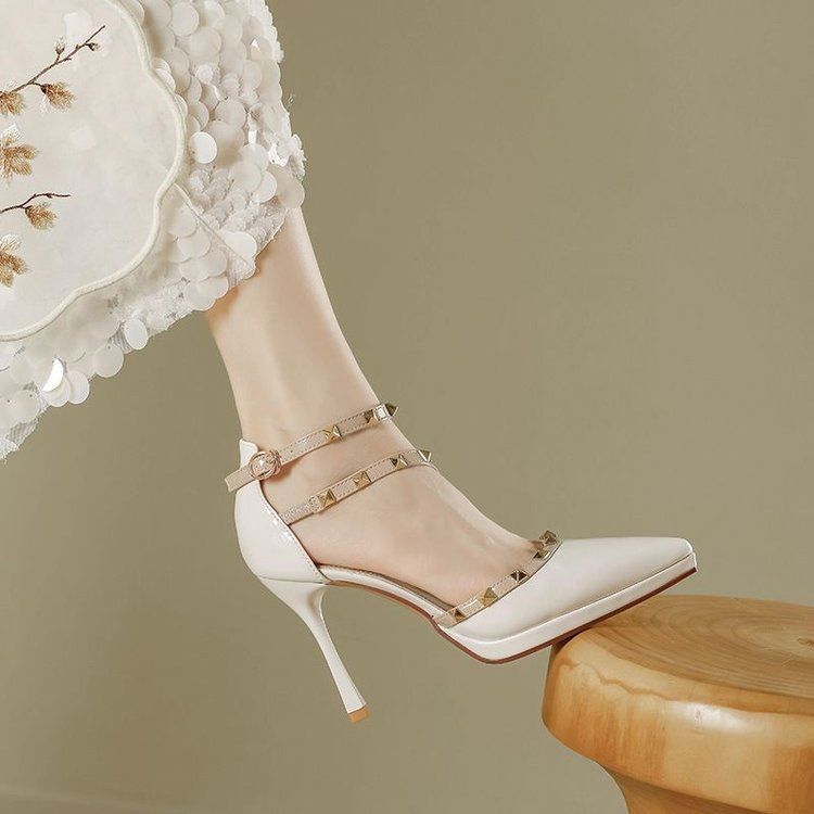 Thick-soled Waterproof Table Pointed Head Rivet High Heels Women's 2025 Spring and Summer New Sexy Single Shoes Stiletto with Skirt Sandals