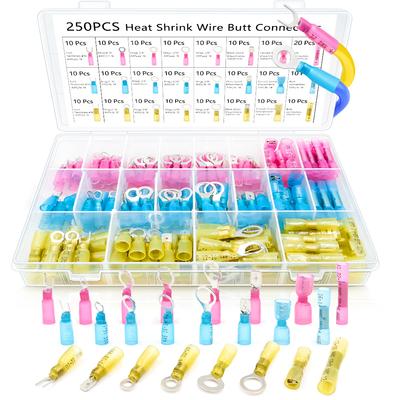 250PCS Electrical Ring Fork Spade Butt Splices Crimp Waterproof Automotive Marine Heat Shrink Wire Terminals Connectors Kit