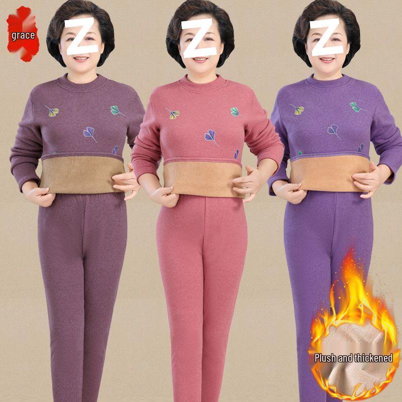Women's Thermal Set for Elderly: Winter Two-Piece, Warm Velvet-Enhanced Underwear, Thickened Autumn Pants & Top.
