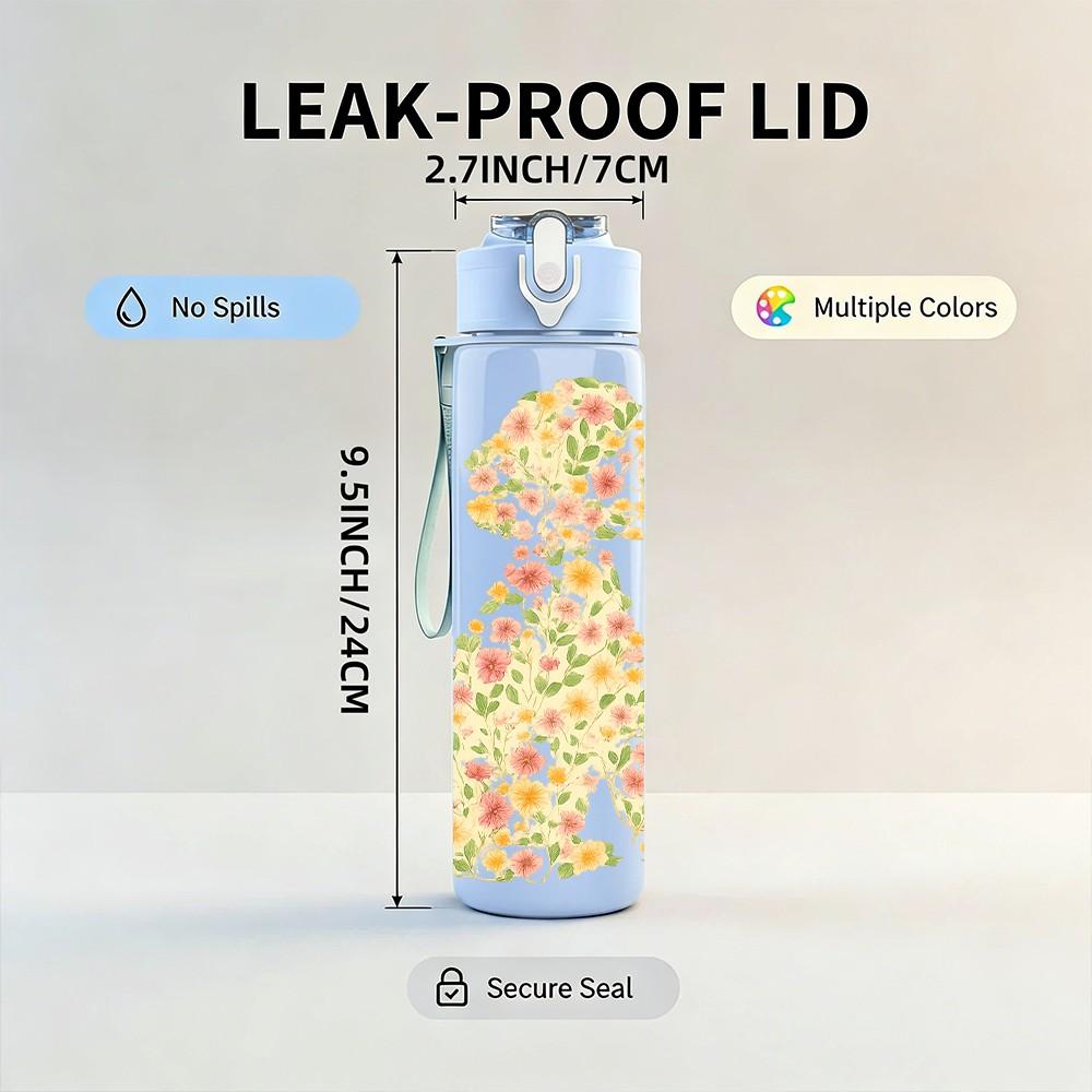 1PC Floral Pattern Dog Silhouette 750ml Color Plastic Sports Water Bottle Leakproof Flip Straw Lid Suitable for Sports Office Home Use