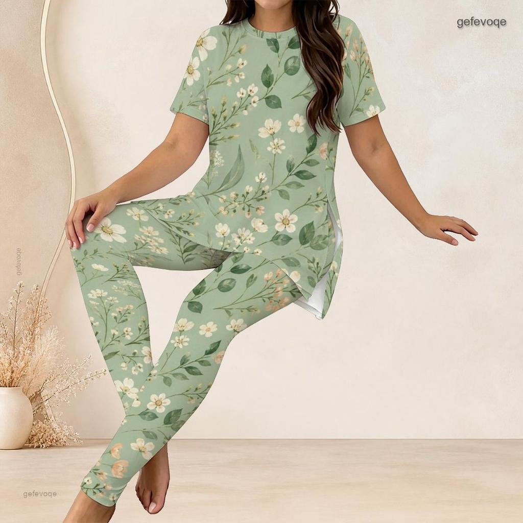 Women Plus Size Two Piece Suit Crew Neck Short Sleeve Shirt Long Pants