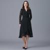 Black Hepburn-Style Patchwork Lace A-Line Dress - Plus Size, Mid-Length, Autumn/Winter Collection