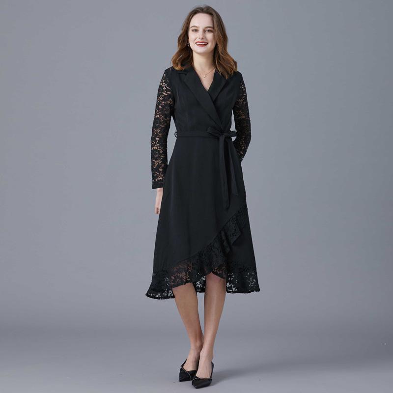 Black Hepburn-Style Patchwork Lace A-Line Dress - Plus Size, Mid-Length, Autumn/Winter Collection