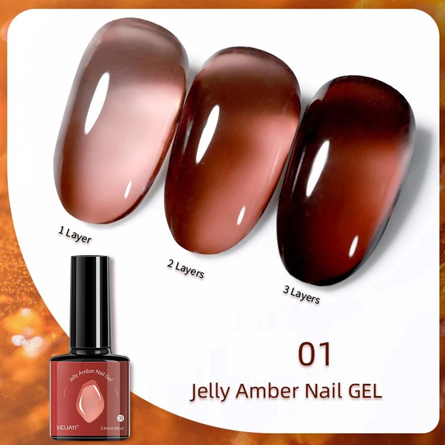 6 Colors Amber Gel Nail Polish Set - Translucent Jelly Nude Brown Tones, Professional Salon & DIY Home Manicure Kit, UV/LED Curable