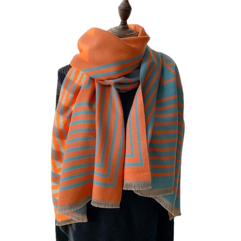 Autumn and Winter New Imitation Cashmere Scarf Women's Geometric Striped Double-sided Warm Fringed Scarf Fashionable