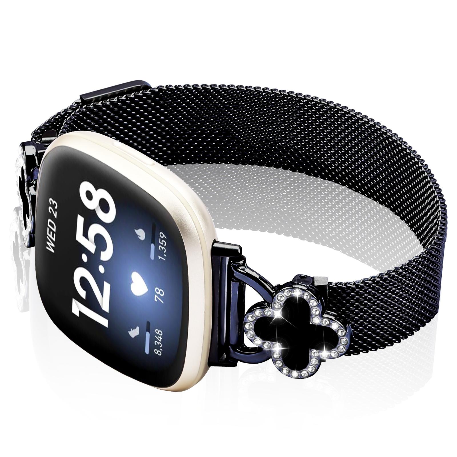 

For Fitbit Versa 3/Sense Milanese Band Electroplated Stainless Steel Watch Strap with Clover Connector,Size: L Black