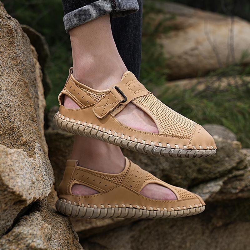 Sommer Herresandaler Ekte Lær Herre Fritidssko Utendørs Herre Lærsandaler for Menn Strandsko Romerske herresko