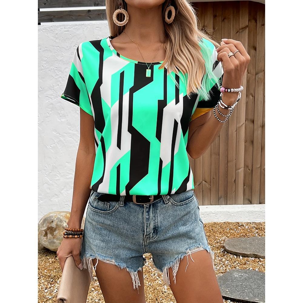 T-Shirt Damen Sommer Freizeit elegant Temperament Rundhals Kurzarm geometrisches Muster Top locker lässige Kleidung Damen T-Shirt
