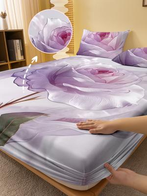 1 Simple Modern Plant Flower Purple Rose Digital Printed Frosted Fitted Sheet,bedroom Printed Bed cover,bedding(No Pillowcase)