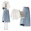 Women's Spring 2024 Three-Piece Set: Striped Vest, Denim Midi Skirt, and Shirt Top Innerwear.