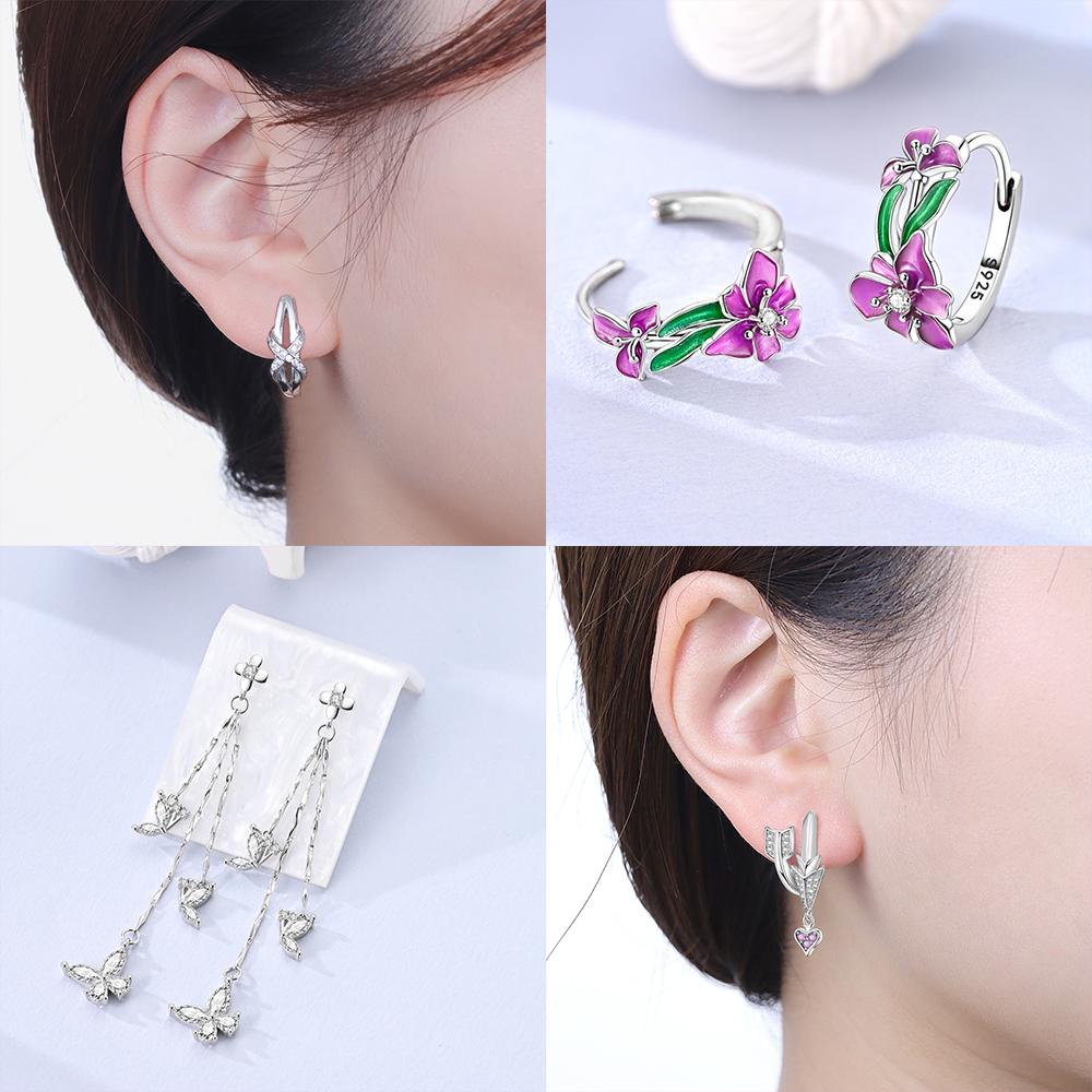 925 Silver Purple Iris Flower Stud Earrings Fringed Tassels Star Heart Earrings Woman's Accessory Jewelry Gift