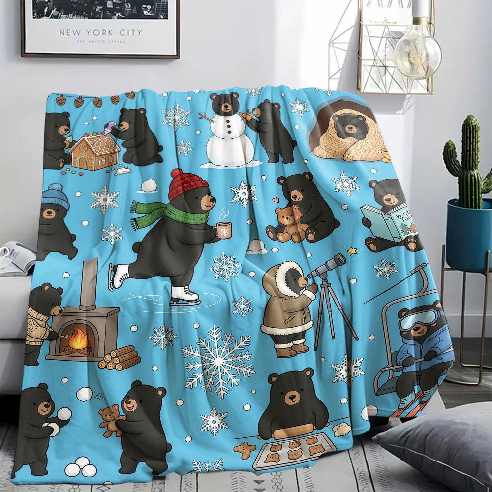 1PC Winter Raccoon Adventures Patterned Flannel Blanket Suitable For All Seasons for Home Decor Warmth and Comfort Gifts Holiday Present