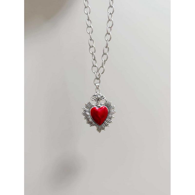 Fashionable Silver Plated Enamel Sacred Red Heart Necklace Pendant