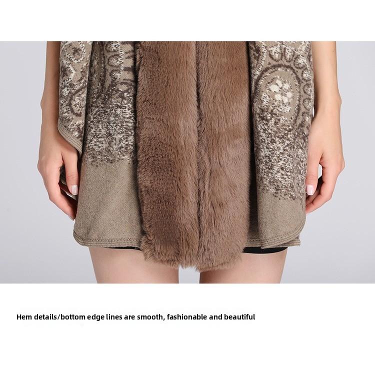 GMXIA Autumn and Winter Imitation Rex Rabbit Fur Collar Jacquard Shawl Cape Plus-size Woolen Coat Cardigan for Women