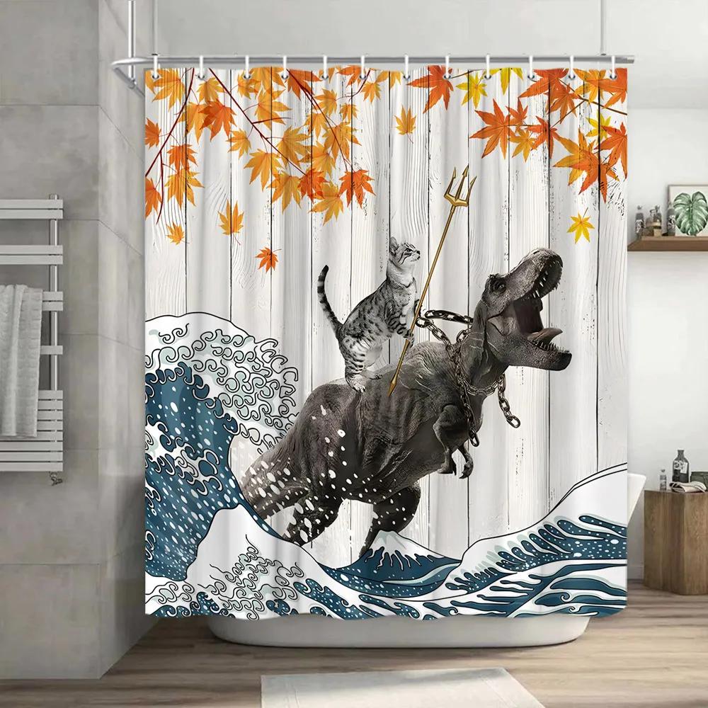 Zábavný kočičí sprchový závěs Zábavné zvíře ve vaně s rybami Látkový sprchový závěs Hilar set pro výzdobu koupelny s domácím mazlíčkem s háčky