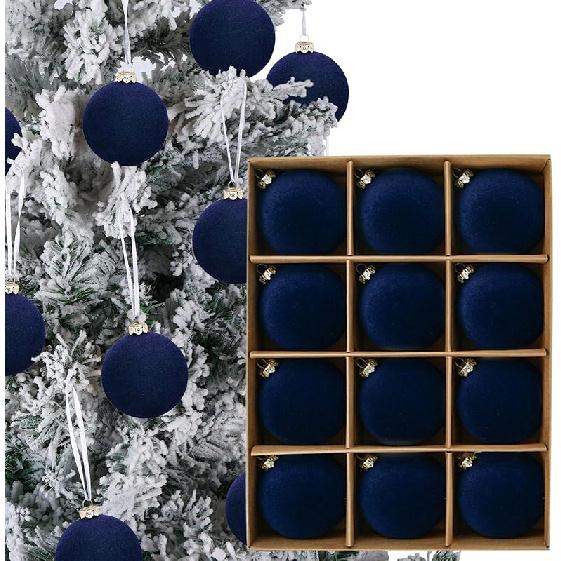 12pcs Christmas Tree Hanging Ball Decoration 2.4Inch Velvet Christmas Ornaments Balls Flocked Shatterproof Plastic Xmas Tree Ball for Party Holiday