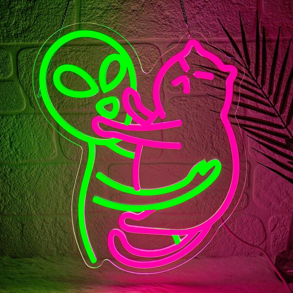 Neon LED Wall Decoration Unique Alien and Cat Neon LED - Adjustable Brightness, USB-powered, Home Decor Wall Decoration