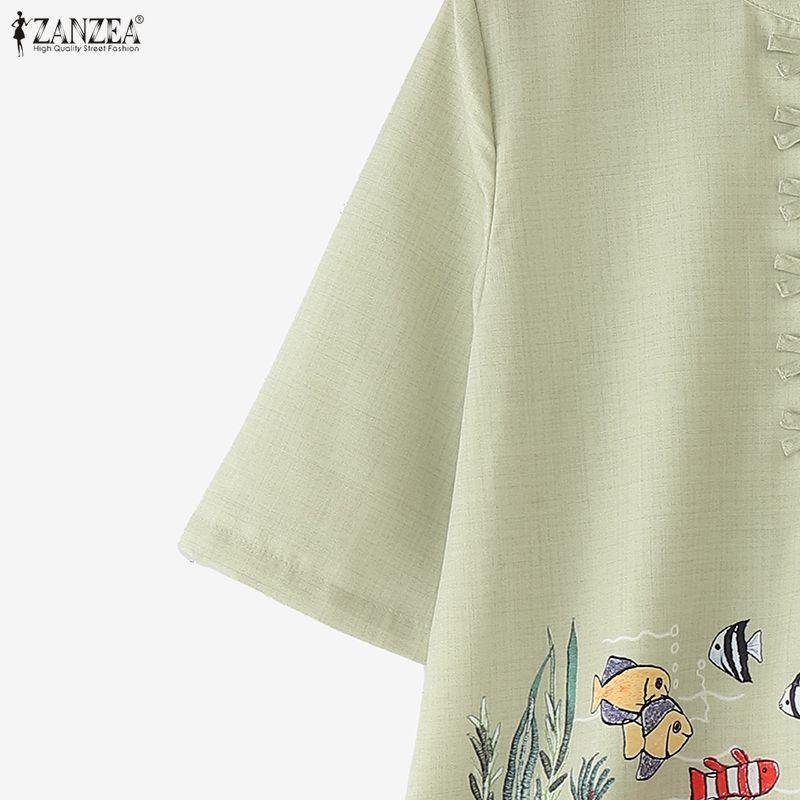 ZANZEA Damen Lässig Stehkragen Locker Halber Ärmel Print Bluse