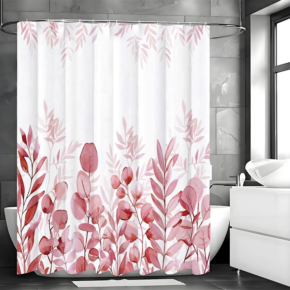 Red Eucalyptus Leaf Shower Curtain, Bathroom Decorative Shower Curtain, Waterproof Shower Curtain with Hooks