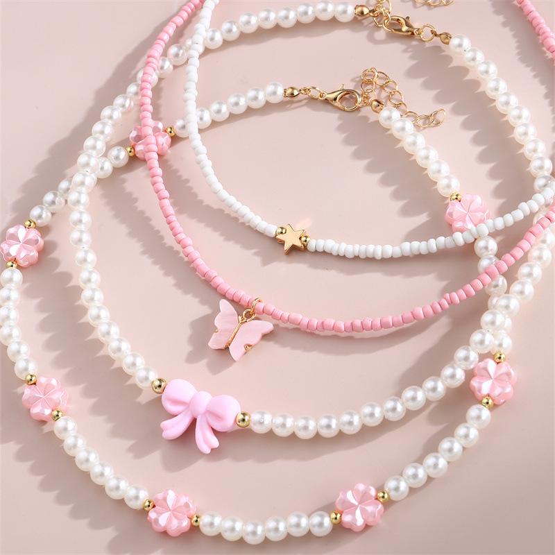 New Zircon Pink Love Butterfly Pendant Imitation Zircon Rice Beads Handmade Beaded Children Necklace Suit Good Friend Gift