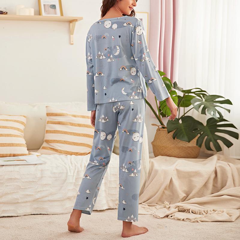 Women's Nightwear Pajama Set Casual Outfit Home Wear Spring Long Sleeve Top with Long Pants Print 2 Piece Lounge Sets Loungewear