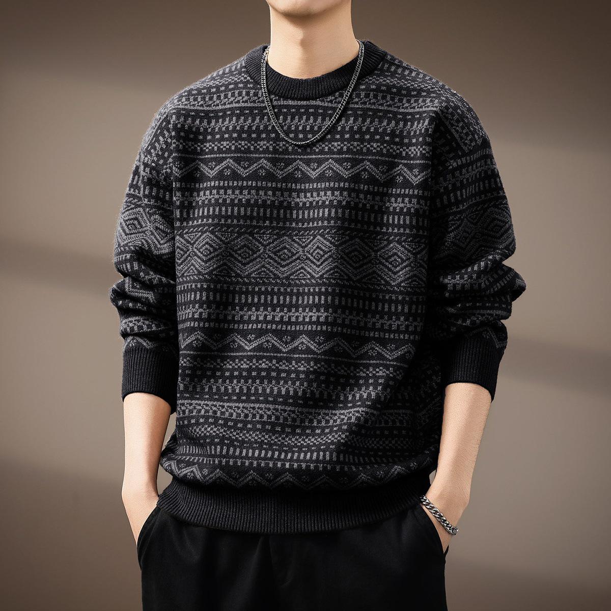 High-End Retro Fair Isle Men s Heavyweight Jacquard Sweater - Ethnic Style, Loose Knit for Autumn/Winter. 3XL (suitable for 180-200 jin)