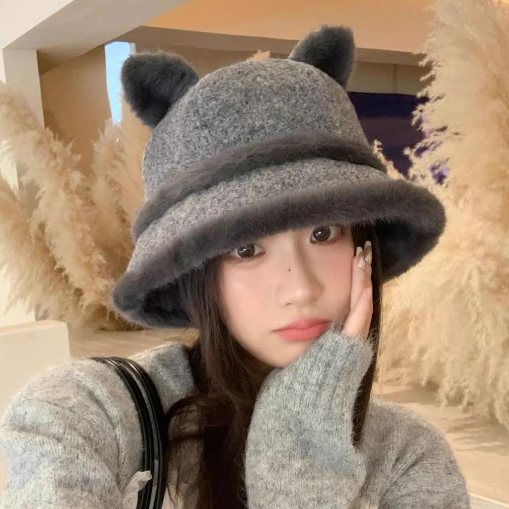 Autumn and Winter New Rabbit Fur Double Ball Basin Hat Cute Soft Cute Bear Ear Hat Women's Cold Bucket Hat