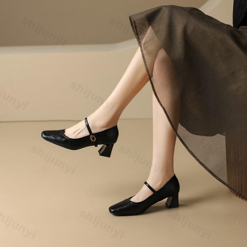 Women High Heels New French Style Retro Buckle Strap Comfortable Soft Square Toe Pumps Daily Simple Versatile Chunky Heel Shoes