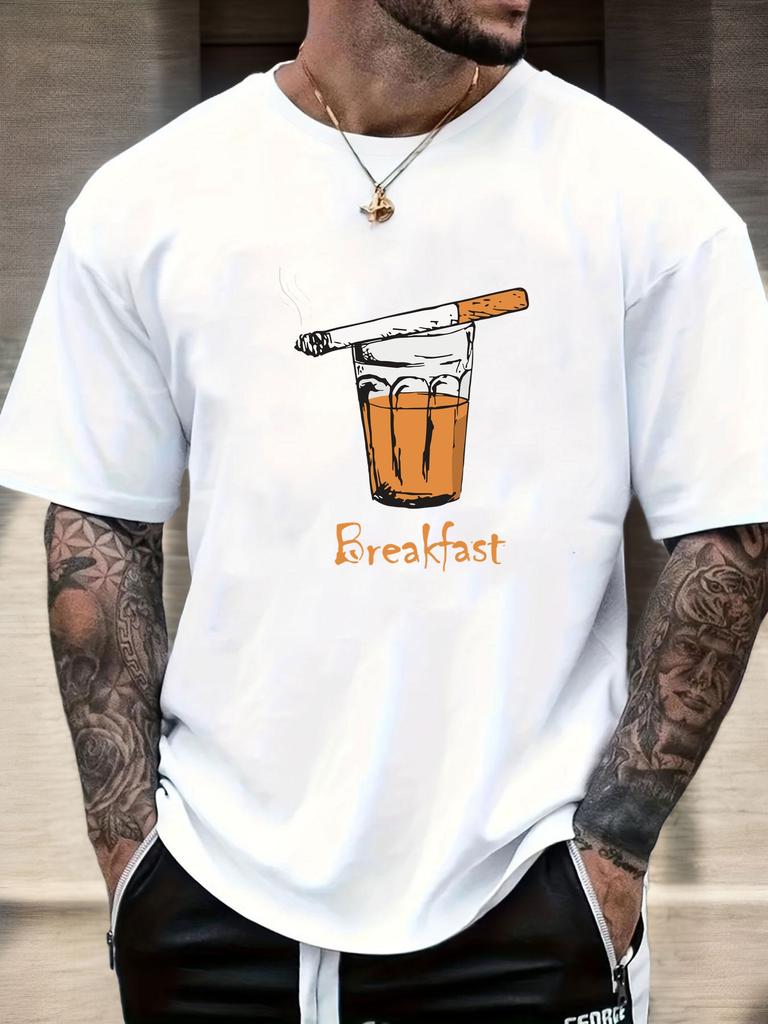 Mens Casual Tshirt Breakfast Cigarette Drink Print Short Sleeve Round Neck Breathable Oversized Edgy Daily Tee