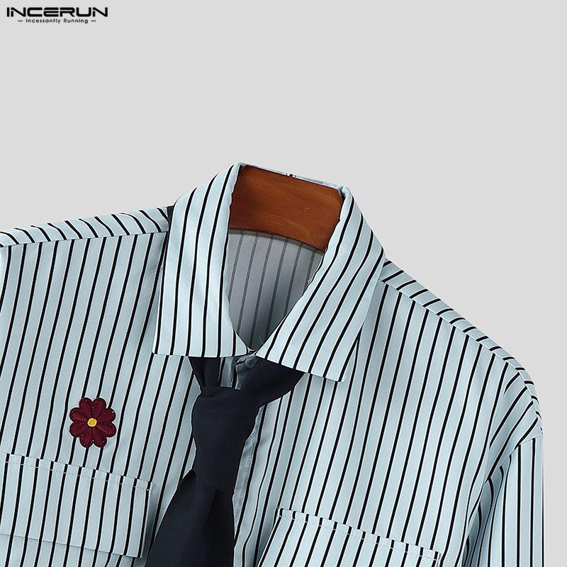 INCERUN Oversized College Style Men Turn-down Collar Tie Long Sleeve Striped Casual Shirts