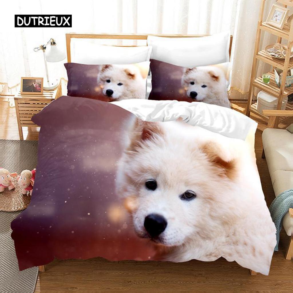 Samoyed Duvet Cover Set Cute Dog Pattern Decor Bedding Set Grass Green for Kids Girls Adults Lovely Animal Polyester Quilt Cover