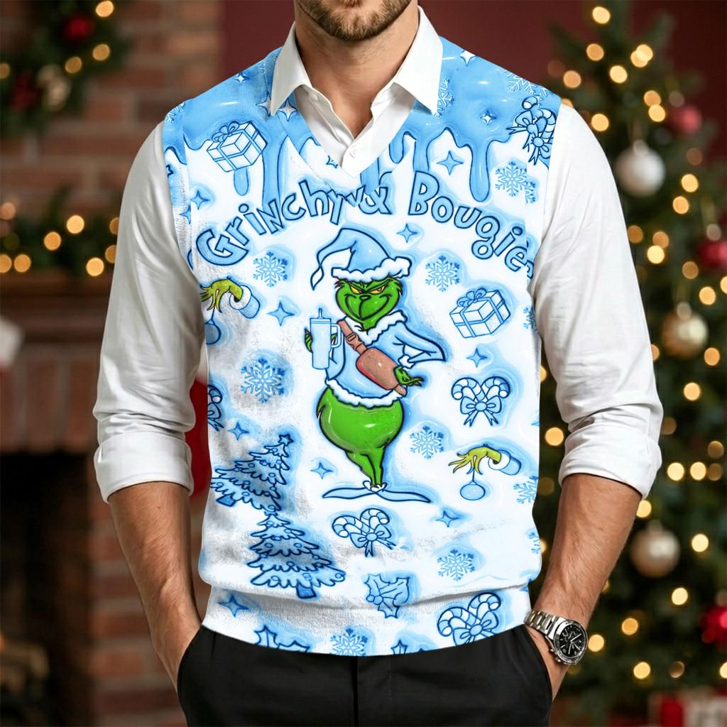 Men's Casual Wool V-Neck Sweater Vest with Christmas Print for Commute and Daily Wear