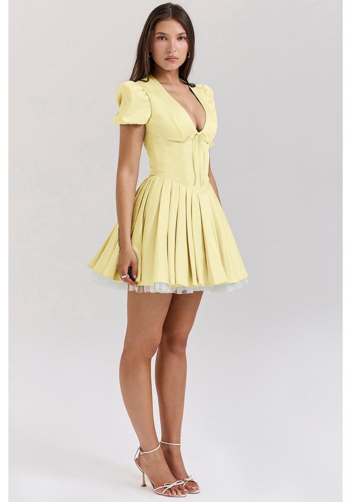 2026 Floral Puff Sleeve Summer Dress – Sweet French Style with Cinched Waist and A-line Skirt.