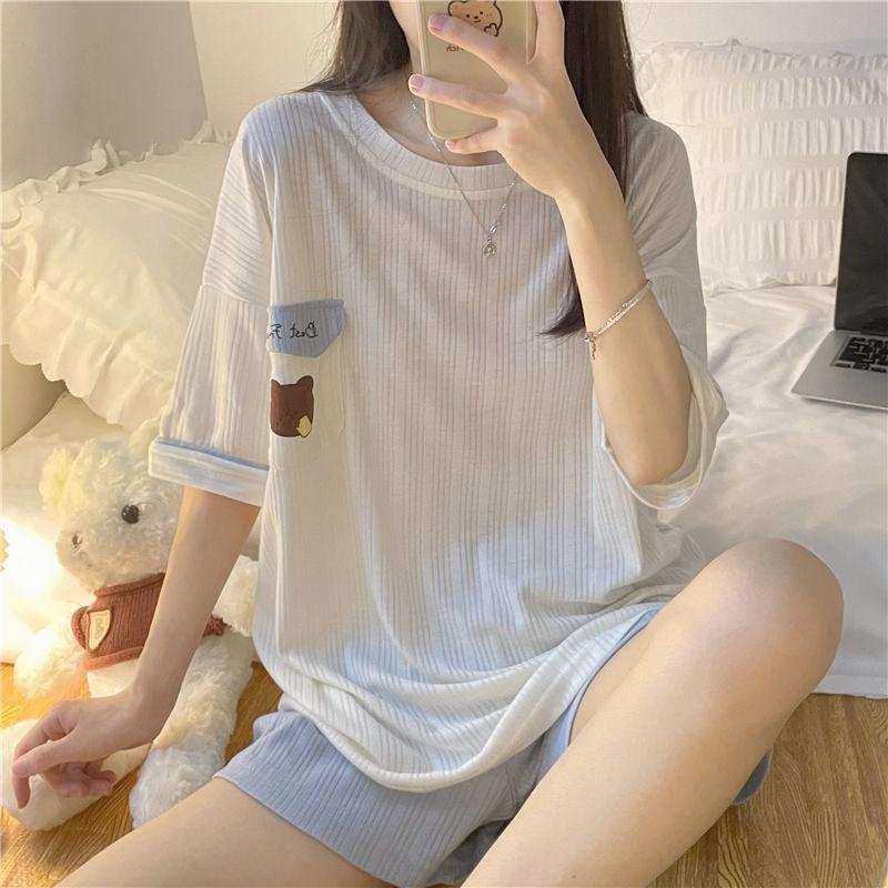 Zestawy piżam z krótkim rękawem Kawaii kobiety Cartoon Bear Strip Fashion bielizna nocna eleganckie damskie piżamy