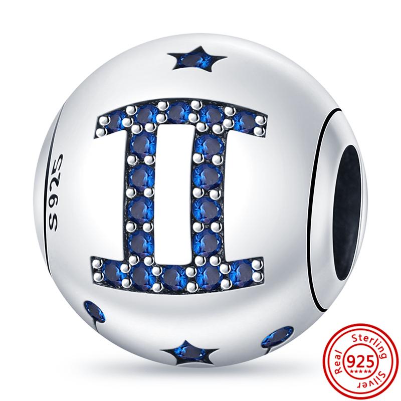 S925 Sterling Silver Blue Zircon Stars 12 Constellation Shiny Round DIY Beads Fit Original  Charms Bracelet Luxury Jewelry