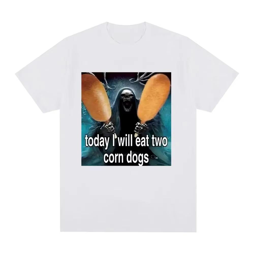 Today I Will Eat Two Corndogs Graphic T-Shirt Skeleton Meme Men's Vintage Gothic Short Sleeve T-shirts Cotton T Shirts