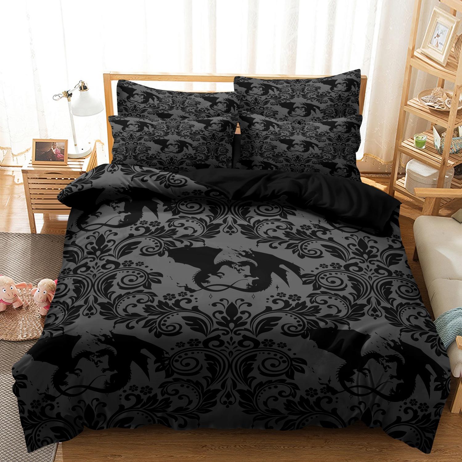 Ensemble 3 Pièces Housse de Couette Imprimé Dragon Gothique Noir Gris, Literie Imprimé Floral Baroque Vintage Dragon Volant 135x200cm(53x79inch)&set black