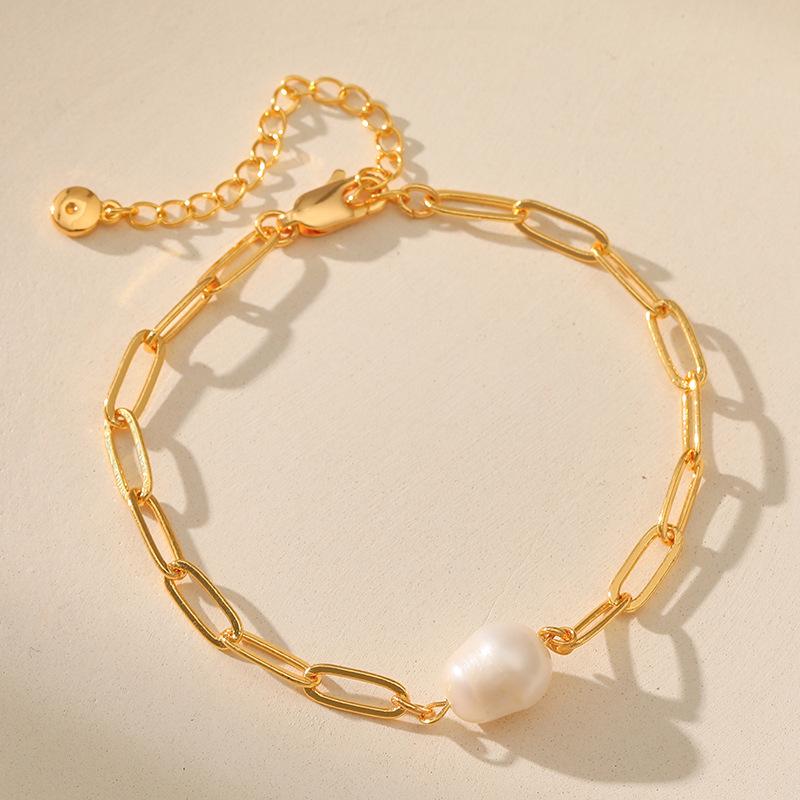 K Gold Plated Baroque Pearl Paperclip Chain Bracelet Minimalist Women Jewelry золотой