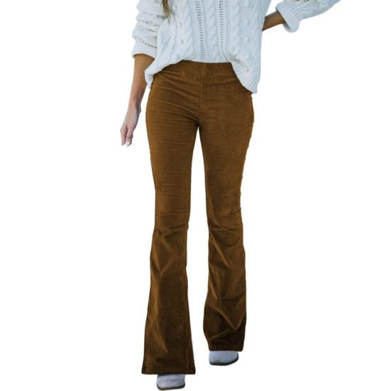 Women Flared Pants Elastic High Waist Solid Color Casual Trousers with Pockets Autumn Winter Long Pants