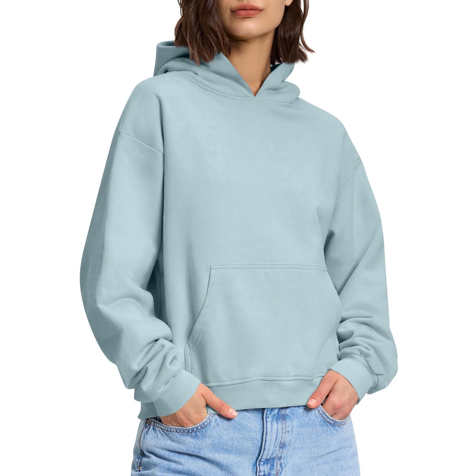 

Женская модная повседневная толстовка с длинными рукавами и круглым вырезом с капюшоном, однотонная толстовка с прошитой нитью XXL светло-синий