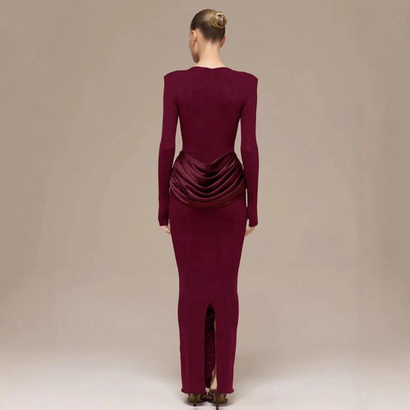 Autumn and Winter New Solid Color Temperament Celebrity Long-sleeved Slim-fitting Pleated Hip-wrapped Dress