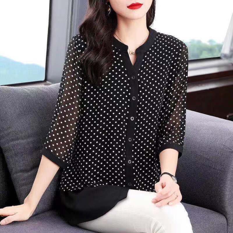 Spring Summer Polka Dot Printed Blouse Women's Clothing Casual Single-breasted Commute O-Neck 3/4 Sleeve All-match Loose Shirt