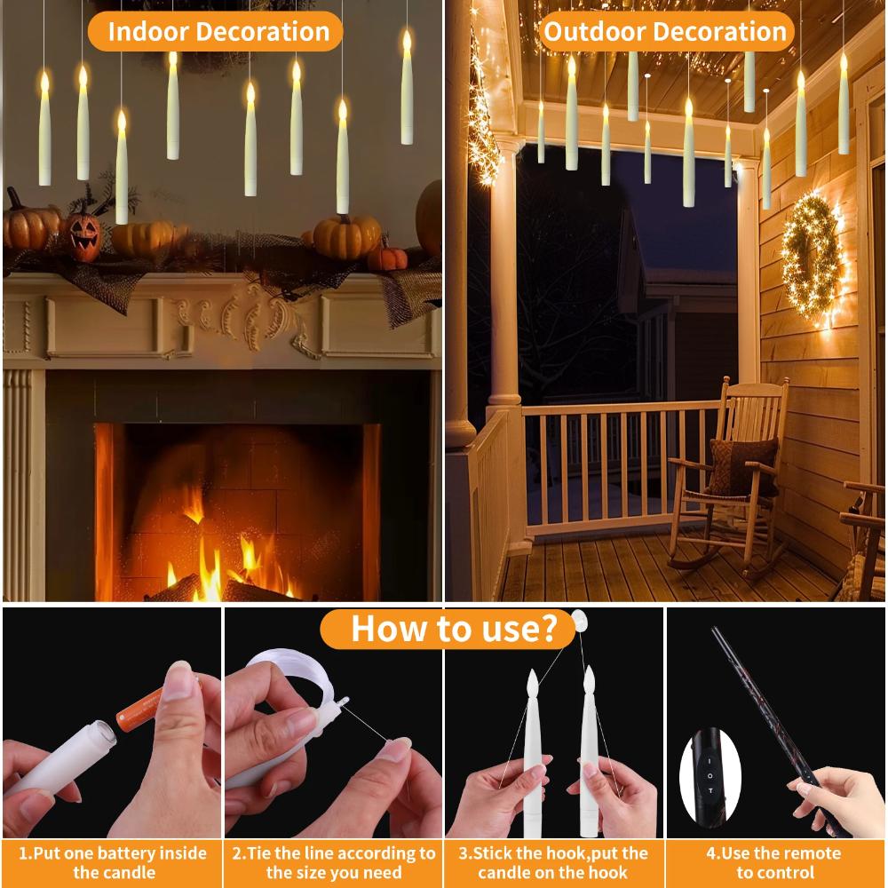 New 12Pc LED Floating Candles With Magic Wand Timer Flameless Flying Candle Flickering Burning Candles For Wedding Holiday Decor