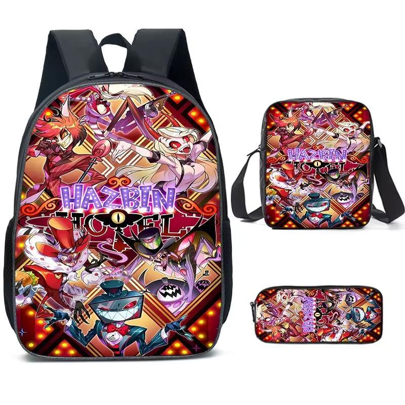 Hazbin Hotel Anime Ensemble de 3 pièces Sac à dos Étudiant Sac d'école à bandoulière Enfants Mignon Sac à dos de voyage Cadeau d'anniversaire pour enfants